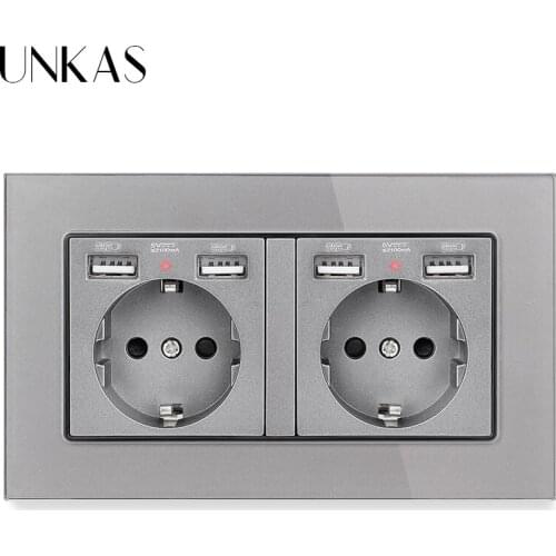 UNKAS 2 Gang EU Standard Gray Tempered Crystal Glass Panel Wall Socket With 4 USB Charge Port Hidden Soft LED Indicator Outlet