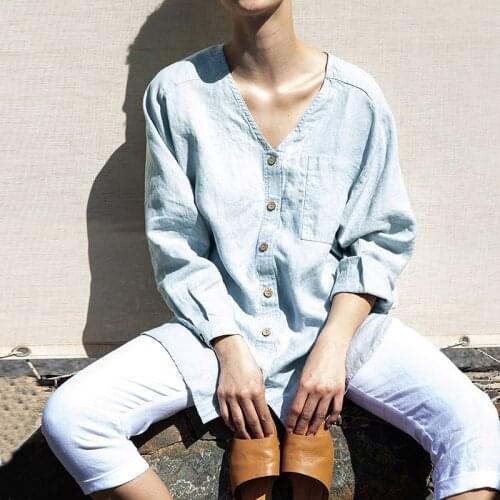 Johnature Vintage Linen Simple Womens Tops And Blouses 2021 Autumn New Casual V-neck Single-breasted Solid Color Female Shirts