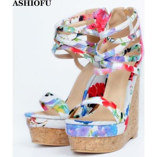 ASHIOFU New Handmade Ladies Wadge Heel Sandals Flower Leather Party Prom Shoes Large Size Evening Fashion Sandals Shoes XD118