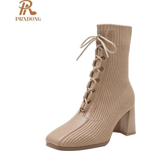 2021 New Women Sock Boots Autumn Winter Ankle Boots Lace Up High Heels Square Toe Genuine Leather Warm Short Plush Mature Dress