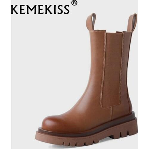 KemeKiss Women Mid Calf Boots Real Leather Patchwork Thick Bottom Winter Shoes Women Fashion Short Boots Women Size 34-39