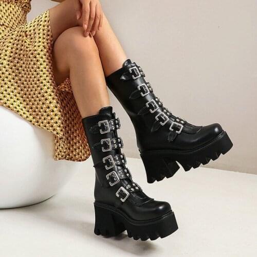 2021 Women Platform Rivet Mid-calf Boots Autumn Ladies Black Motorcycle Boot Female Punk Cool Zip Shoes Woman Footwear Plus Size