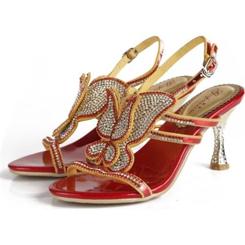 2019 New Fashion Wild Open Toe Passion Red Cup Type Heel Sandals Retro Boho Style High Heel Butterfly Pattern Rhinestone Sandals