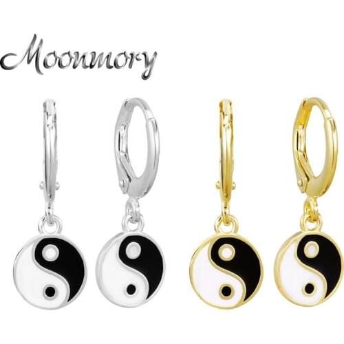 Moonmory 100% 925 Sterling Silver Black White Cathode Anode Hoop Earrings For Women Enamel Tai Chi Pendant European Pop Jewelry
