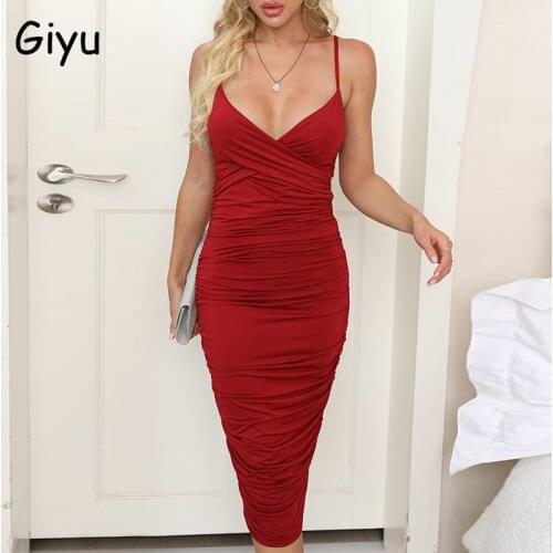 Giyu Night Club Party Woman Dress Sexy Bodycon Backless Ruched Mini Dresses Summer Elegant Spaghetti Strap V Neck Vestidos Red