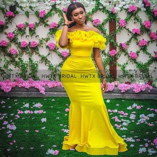 Gold Yellow Mermaid Evening Dresses with Ruffles Off the Shoulder Nigeria African Women Long Formal Evening Dress Customize