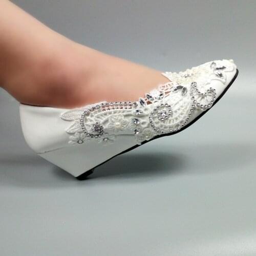 White flower Lace wedding shoes crystal ladies shoes woman High heels Wedges Pumps 3cm/5cm Bride wedding shoe