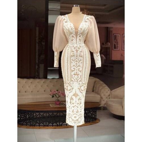 2022 Sexy Illusion O Neck Lace Long Sleeve Sheath Tea Length Champagne Prom Dresses