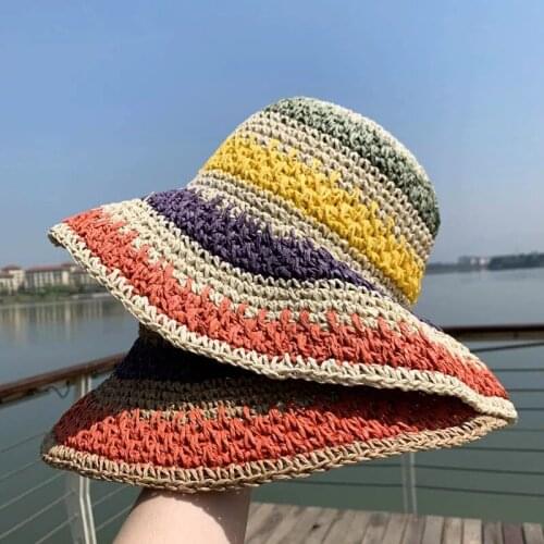 Summer Beach Hat Fashion Sunhat Hand Crochet Patch Rainbow Color Foldable Spring Stylish Floppy Straw Hat Women