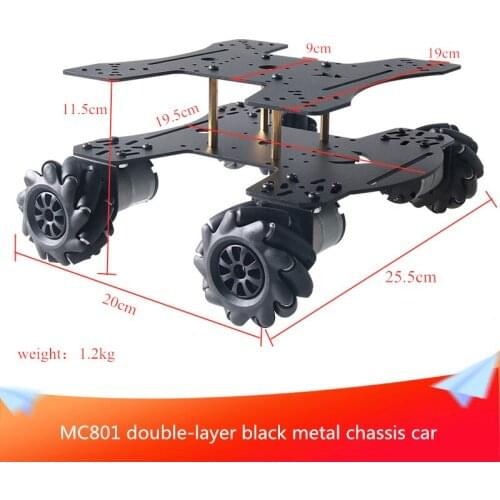 MC801 Double-layer Black Metal Chassis Car 65mm Black Plastic Omnidirectional Wheel with 4pcs Motors DIY RC Black Metal Chassis