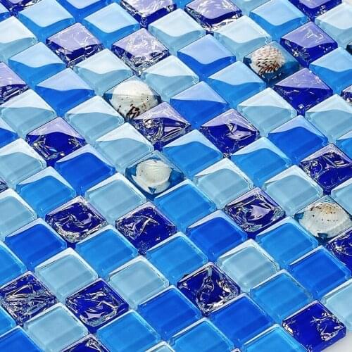 Blue crystal glass mixed sea shell mosaic tiles EHGM1009B for kitchen backsplash bathroom shower dining room wall mosaic