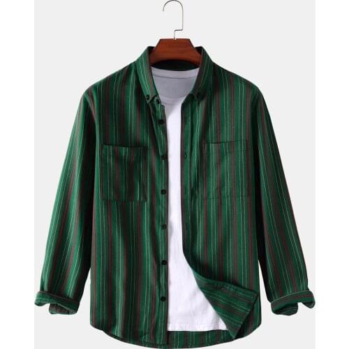 Autumn Mens Striped Printed Casual Top Button Long Sleeve Shirt Youth Senior Streetwear Mens Clothing Lapel Pocket Shirt 2021