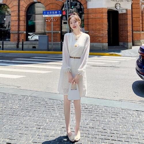 LUKAXSIKAX 2020 New Spring Autumn Women Long Sleeve Dress High Quality Korean Style Elegant Slim Sweet Lace Dress