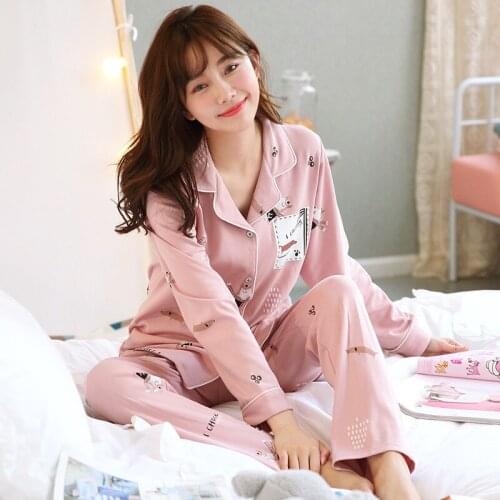 Turn down Collar Casual Homewear Clothing Sleepwear Set Nightwear Pyjama Set Pijama Pajama Set Cotton Long Sleeve V-Neck