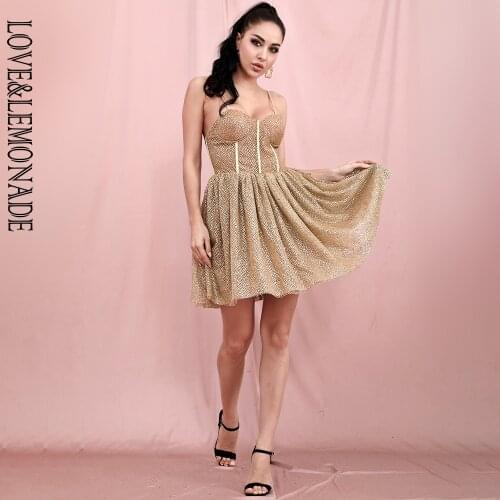 LOVE&LEMONADE Sexy Tube Top Strap A-Line Golden Glitter Glued Material Puffy Mini Dress LM82468