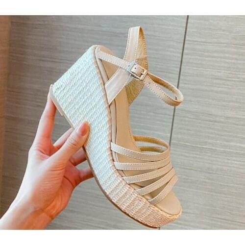 Summer Girls Orange Beige Soft Leather Rome Wedge Sandals Female Open Toe 9 CM Heels Platform Cuts Out Sandals Size 34 39