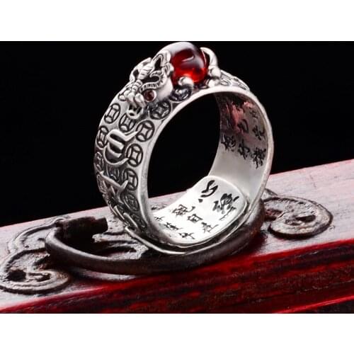 925 Sterling Silver Old Silver Craftsman Handcrafted Mink Heart Ring Mens Fashion Individual Open Ring with Garnet Ring Jewelry
