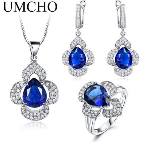 UMCHO 925 Sterling Silver Jewelry Set for Women Blue Sapphire Gemstone Ring Pendant Drop Earrings Female Wedding Gift Jewelry