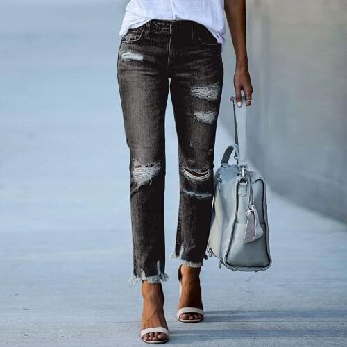Women Ripped Jeans Boyfriend Mid Waist Distressed Stretch Skinny Denim Jeans Casual Loose Straight Leg