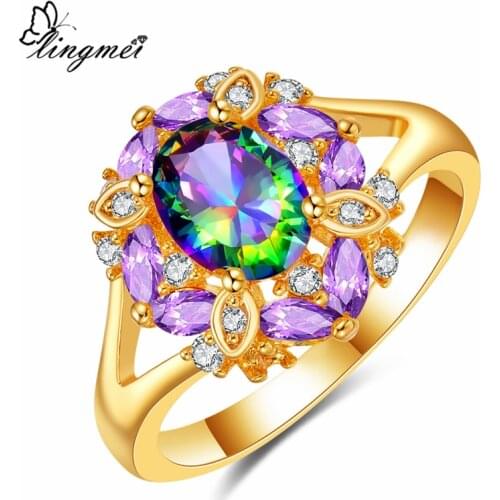 Lingmei Noble Fashion Gorgeous Wedding Rings Flower Cluster ZirconSilver ColorYellow GoldRing Size 6 7 8 9 Party Cocktail