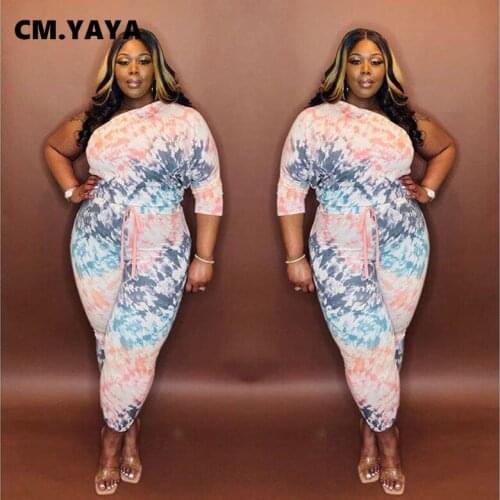 CM.YAYA Women Sets Regular Print Skew Collar One Shoulder T-shirts Empire Drawstring Ankle-length Pants 2 Piece Set Summer 2021