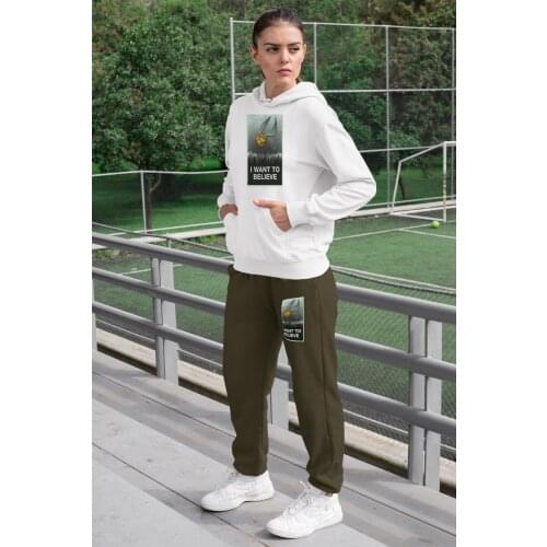 Angemiel Wear I Want To Believe Women Tracksuit Set White Hooded Sweatshirt Green Sweatpants