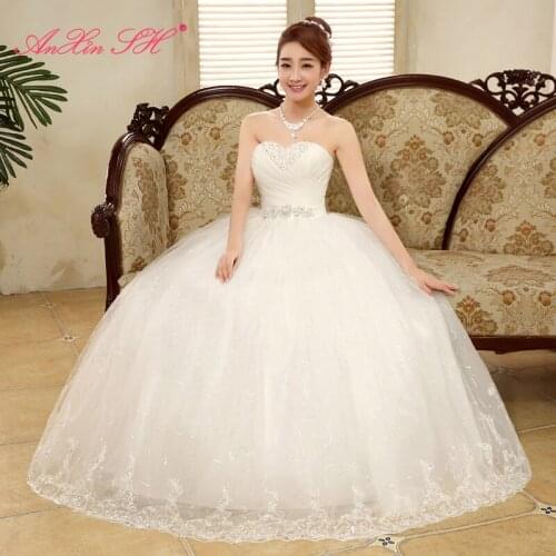 AnXin SH beauty flower lace white wedding Dress vintage strapless sashes beading crystal sleeveless flower wedding dress