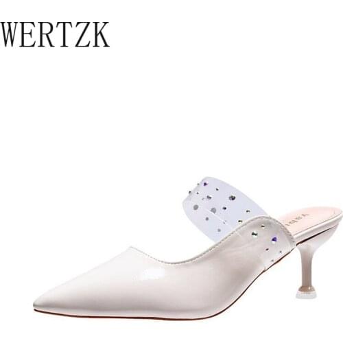 2021 Sexy Women High Heels Stiletto Pointed Office Transparent Rhinestone Design Sandals Solid Color Muller Shoes Women Shoes