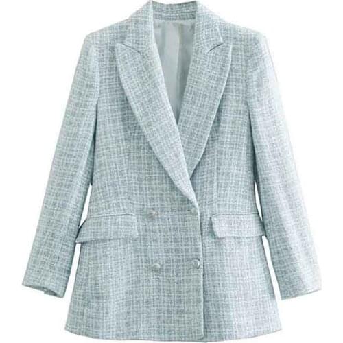 2021 Spring Womens Blazer Stylish Double-Breasted Retro Suit Breasted Pockets Coat Female Casual Outerwear Light Blue Jacket
