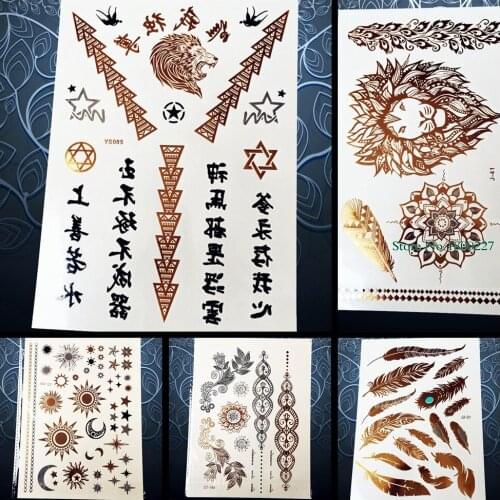 25 Style Chinese Inspired Quote Temporary Gold Flash Metallic Tattoo Sticker Women Bracelet Fake Black Tattoo Words Golden Lion
