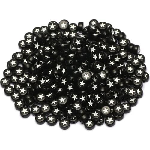 Black Flat Round White Star Acrylic Beads Loose Spacer Beads For Fashion Jewelry Making DIY Handmade Bracelet Necklace Supplies