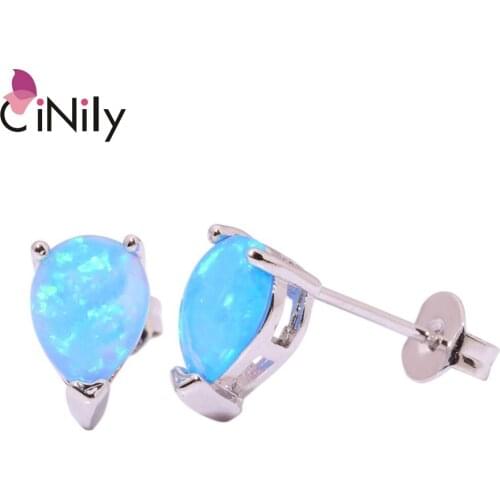 CiNily Created Blue Fire Opal Silver Plated Wholesale Water Drop for Women Jewelry Wedding Party Stud Earrings 9mm OH2490