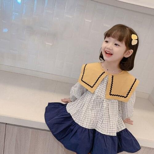 Childrens clothing girls spring plaid stitching dress 2021 new childrens shirt collar skirt