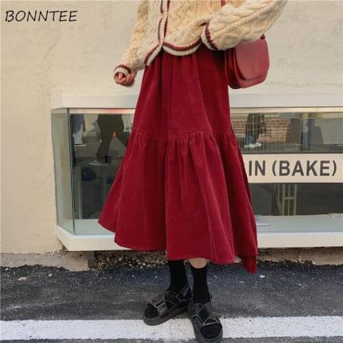Long Skirts Women Vintage Ruffles Design Burgundy Ladies College Spring All-match Solid Empire Corduroy Midi Trendy Oversizsed