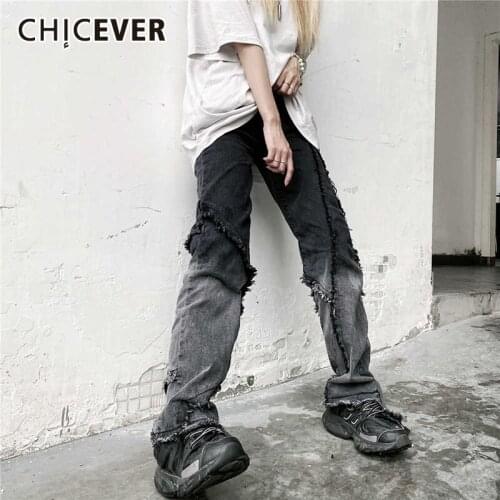 CHICEVER Vintage Black Patchwork Raw Hem Pant For Women High-waisted Wide Leg Casual Loose Baggy Jeans Females 2021 Autumn Style