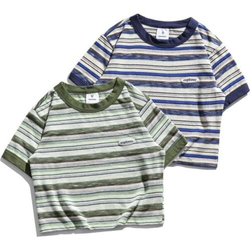 Color Contrast Stripe College Style Short Sleeve T-shirt Women Summer Short Cool Navel Top Mens Fashion