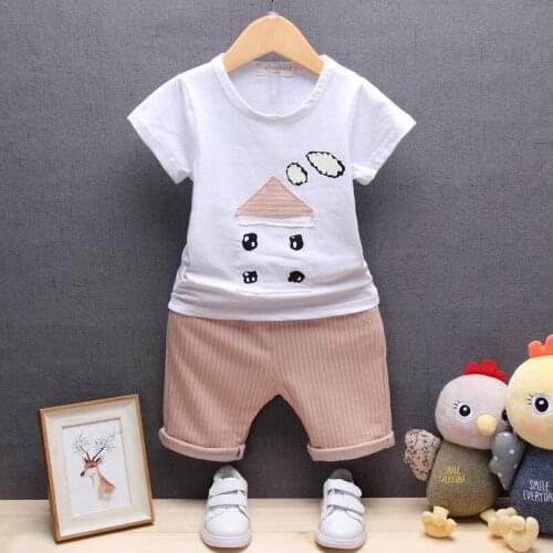 My Frist Christimas Infant Boys Clothing Sets Cartoon Small House Round Neck Short Sleeve T-shirt + Striped shorts Two Piece Set