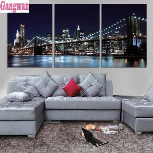 New york City Bridge Night View 3pcs/set,diamond embroidery full drill square diamond painting round 5d cross stitch diamond art