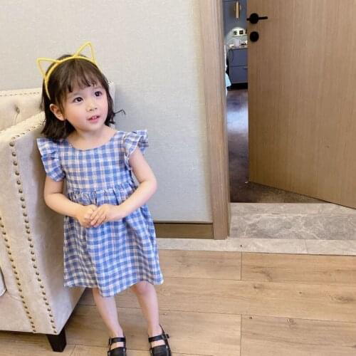 Baby girls blue plaid summer short sleeve dress 1-5 Years Children girls knee dress Back cross strap o neck sundress ss
