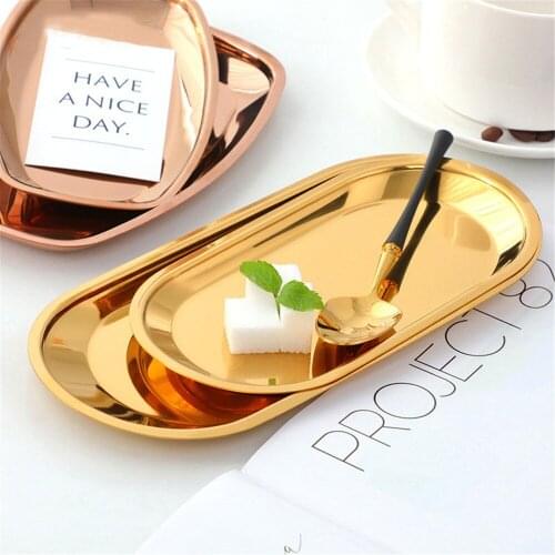 Nordic Rose Gold Metal Storage Tray Luxurious Gold Silver Stainless Steel Oval Plate Dessert Fruit Plate Jewelry Display Tray