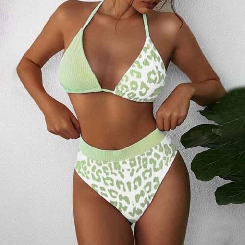 Mossha Triangle micro bikini set Sexy ribbed swimsuit Patchwork print bathing suit High waist swimwear women String beach wear