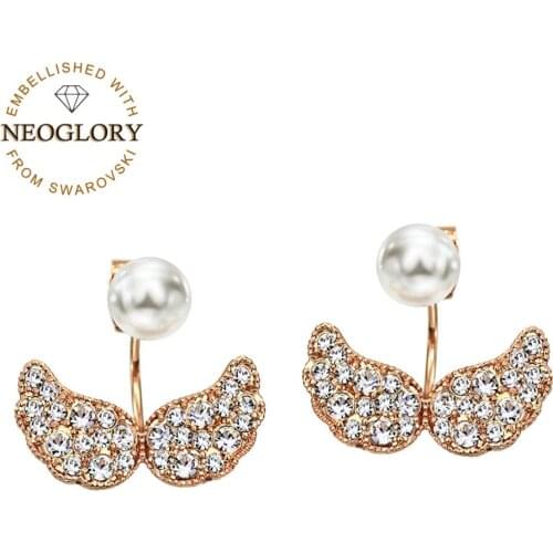 Neoglory Auden Rhinestone & Fresh Pearl Stud Earrings Lovely Wings Design Cute Exquisite Girl Dress Daily Gift