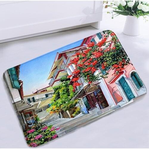 Flower Street View Bathroom Mat European Town Seaside Building Landscape Flannel Non-slip Home Decor Bath Kitchen Floor Rugs