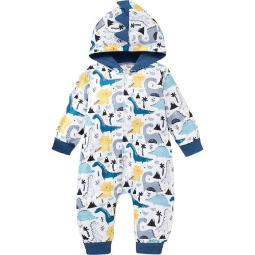 Citgeett Autumn Newborn Baby Girls Boys Jumpsuit Casual Dinosaur/Dog Print Long Sleeve Hooded Romper Clothes