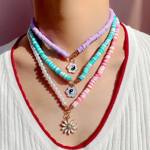 Boho Maria Cross Pendant Necklace For Women Girls Colorful Clay Beads Enamel Flower Thick Chain Necklaces Creative Jewelry Gifts