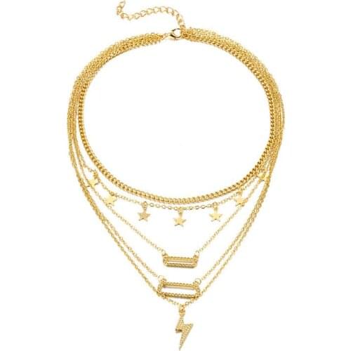 Vintage Multilayer Crystal Pendant Necklace Women Gold and Silver Color Lightning Star Geometry Choker Necklaces Jewelry New