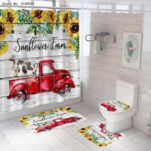 Sunflower Bathroom Set Old Car Funny Cow Shower Curtain 4pcs with Toilet Lid Cover Bath Rug Carpet Set Washable Shower Curtain