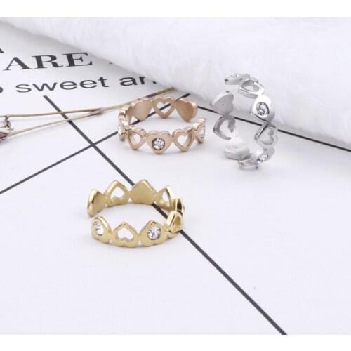 Origin Summer Fashion Stainless Steel Gold Color Love Heart Open Ring for Women High Street Hollow Out Rhinestone Ring Jewelry