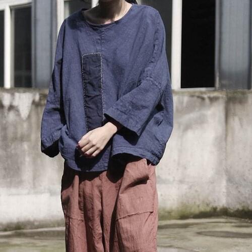 QPFJQD Ladies Cotton Linen Patchwork T-shirt Tops Vintage Spliced Women Cotton Flax Tees Shirts 2021 Spring Autumn