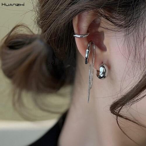 HUANZHI 2021 New Design 4pcs Set Gold Silver Color Metal Irregular Tassel Chain Clip Earrings for Women Non Pierced Ear Cuff
